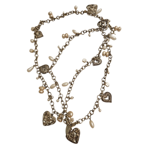 Coldwater Creek Heart Pearl Charm Silvertone Pullover Long Necklace 38" - Picture 2 of 7